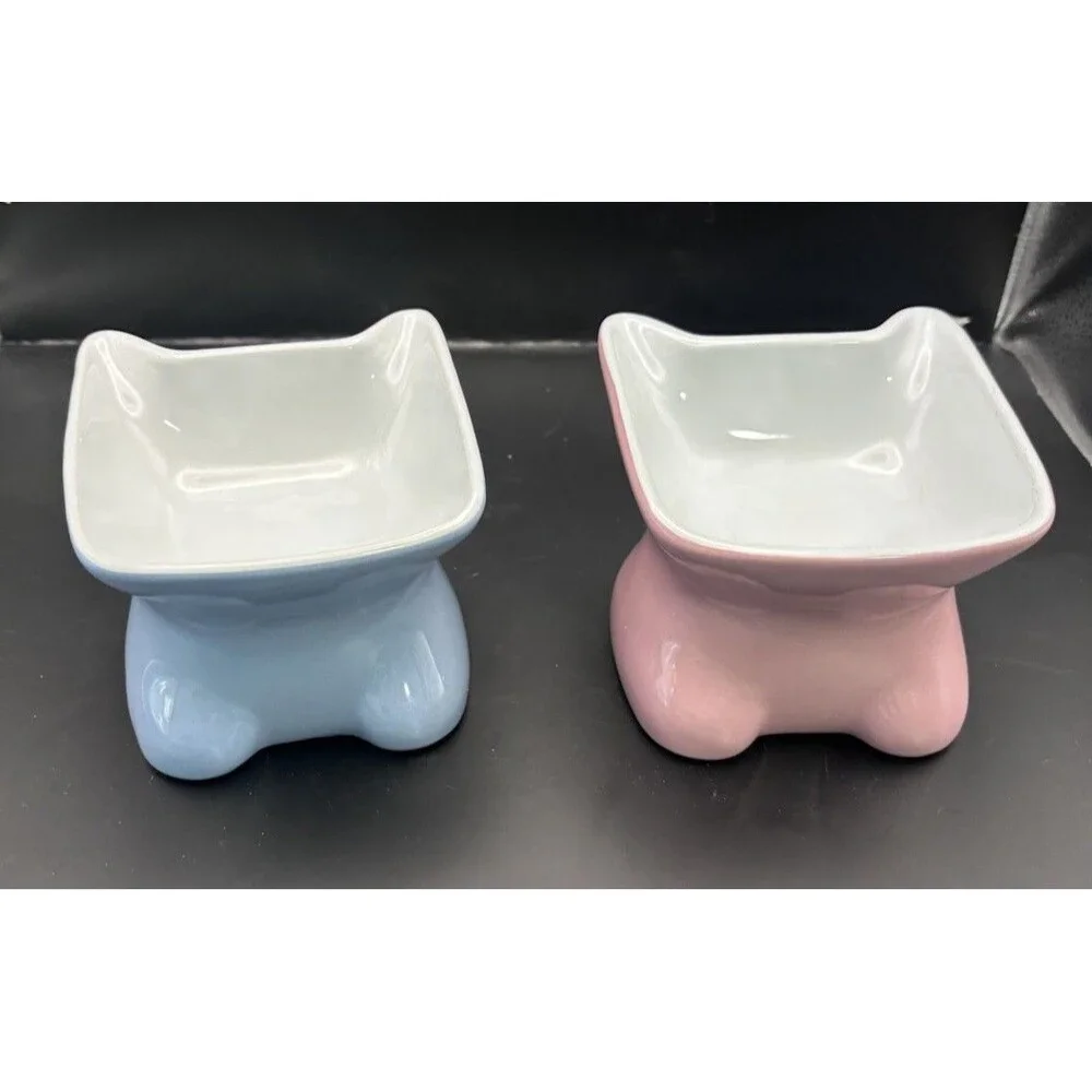 Whisker City Cat Shaped Raised Pink/Blue Food Water Bowl Ceramic Anti Vomiting